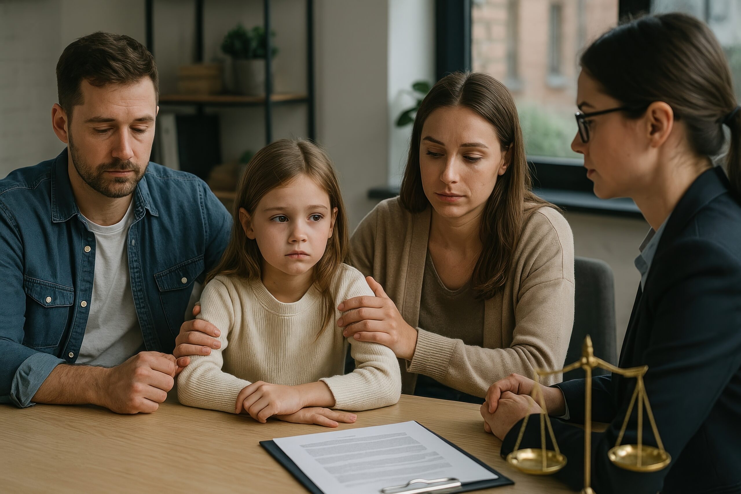 Best selling child custody advertisement photo. More authentic, modern and realistic style, no text Separated parents and their daughter meeting with a family lawyer